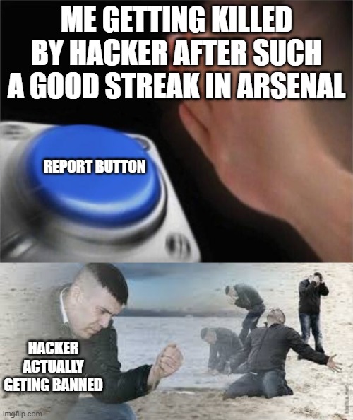 hackers suck | ME GETTING KILLED BY HACKER AFTER SUCH A GOOD STREAK IN ARSENAL; REPORT BUTTON; HACKER ACTUALLY GETING BANNED | image tagged in memes,blank nut button | made w/ Imgflip meme maker