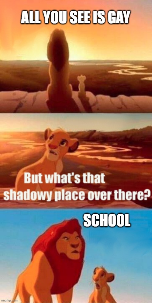 school is gay | ALL YOU SEE IS GAY; SCHOOL | image tagged in memes,simba shadowy place | made w/ Imgflip meme maker