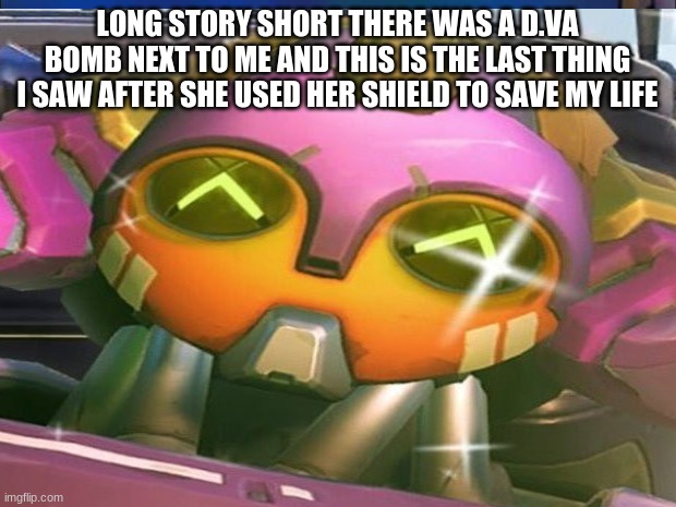 orisa | LONG STORY SHORT THERE WAS A D.VA BOMB NEXT TO ME AND THIS IS THE LAST THING I SAW AFTER SHE USED HER SHIELD TO SAVE MY LIFE | image tagged in overwatch | made w/ Imgflip meme maker