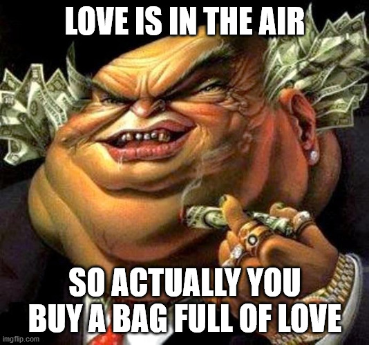 capitalist criminal pig | LOVE IS IN THE AIR SO ACTUALLY YOU BUY A BAG FULL OF LOVE | image tagged in capitalist criminal pig | made w/ Imgflip meme maker