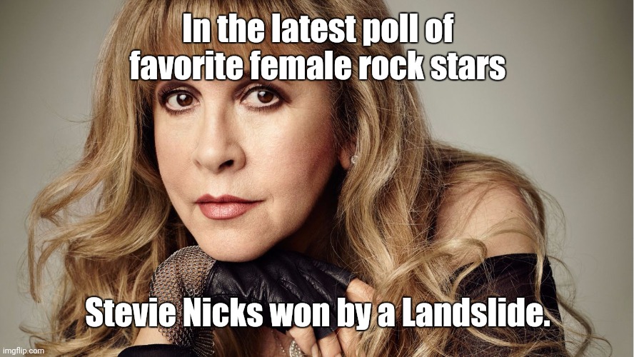 Stevie Nicks Landslide | In the latest poll of favorite female rock stars; Stevie Nicks won by a Landslide. | image tagged in stevie nicks,memes | made w/ Imgflip meme maker