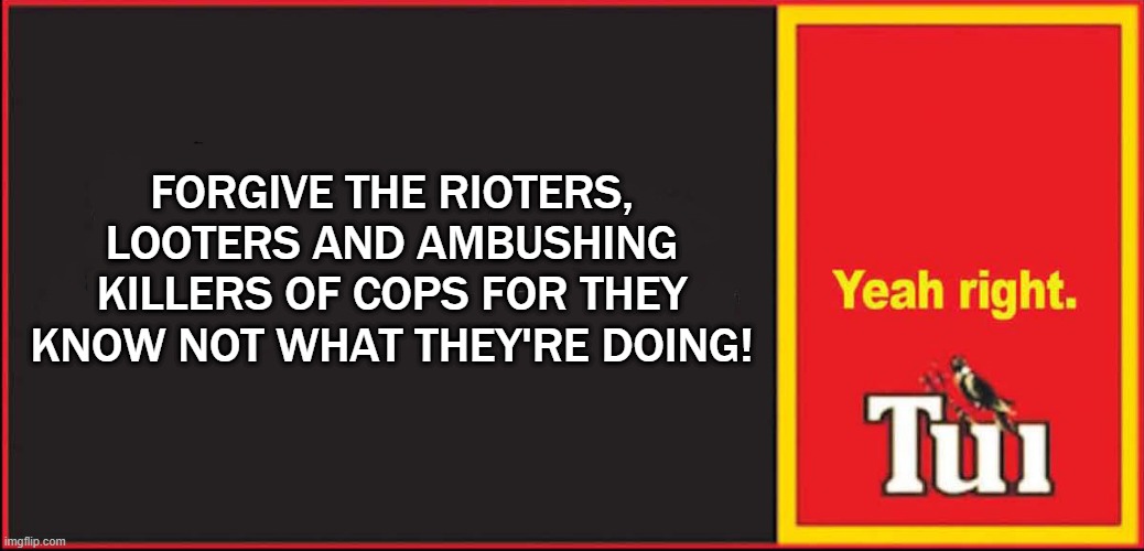 Yeah Right | FORGIVE THE RIOTERS, LOOTERS AND AMBUSHING KILLERS OF COPS FOR THEY KNOW NOT WHAT THEY'RE DOING! | image tagged in looters,rioters,riots,protesters | made w/ Imgflip meme maker