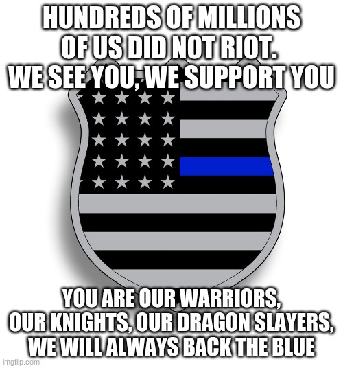 You are heroes, we Back the Blue | HUNDREDS OF MILLIONS OF US DID NOT RIOT.  WE SEE YOU, WE SUPPORT YOU; YOU ARE OUR WARRIORS, OUR KNIGHTS, OUR DRAGON SLAYERS, WE WILL ALWAYS BACK THE BLUE | image tagged in blue line badge,warriors,knights,dragon slayers,back the blue,we pray for you everyday | made w/ Imgflip meme maker