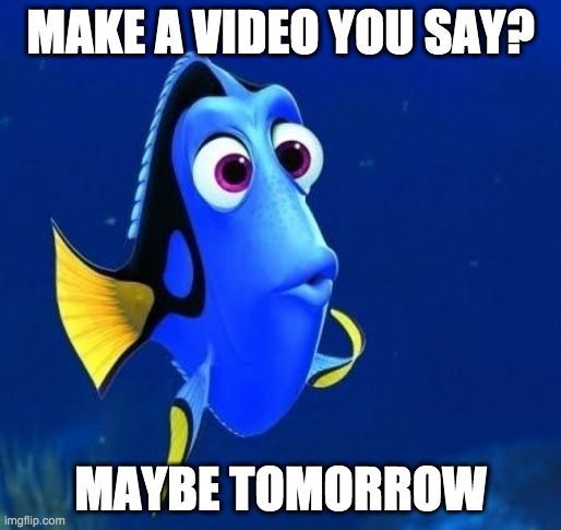 Video procrastination | MAKE A VIDEO YOU SAY? MAYBE TOMORROW | image tagged in dory forgets | made w/ Imgflip meme maker