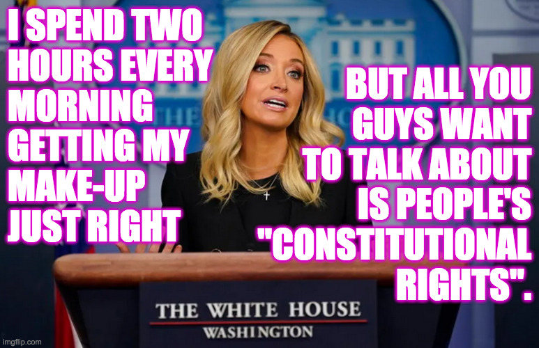 She's not entirely wrong. | I SPEND TWO
HOURS EVERY
MORNING
GETTING MY
MAKE-UP
JUST RIGHT; BUT ALL YOU
GUYS WANT
TO TALK ABOUT
IS PEOPLE'S
"CONSTITUTIONAL
RIGHTS". | image tagged in memes,kayleigh mcenany | made w/ Imgflip meme maker