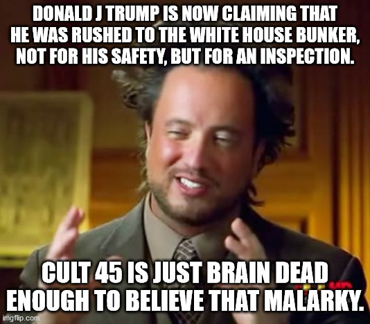 Malarky | DONALD J TRUMP IS NOW CLAIMING THAT HE WAS RUSHED TO THE WHITE HOUSE BUNKER, NOT FOR HIS SAFETY, BUT FOR AN INSPECTION. CULT 45 IS JUST BRAIN DEAD ENOUGH TO BELIEVE THAT MALARKY. | image tagged in memes,ancient aliens | made w/ Imgflip meme maker