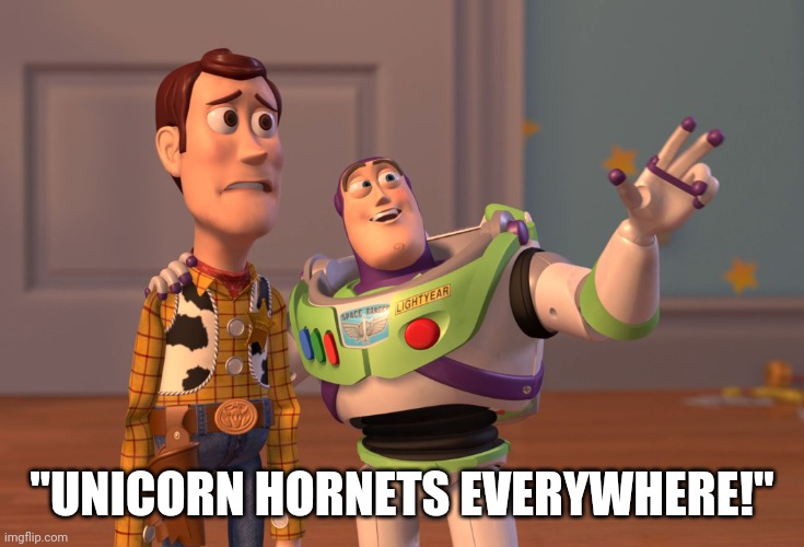 Unicorn hornets lol | "UNICORN HORNETS EVERYWHERE!" | image tagged in murder hornets,unicorn,hornet,coronavirus,pandemic,distraction | made w/ Imgflip meme maker