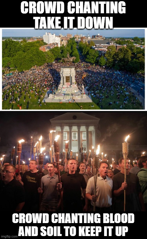 Taking the traitors down | CROWD CHANTING TAKE IT DOWN; CROWD CHANTING BLOOD AND SOIL TO KEEP IT UP | image tagged in alt right tiki torches,confederacy,slavery,protest,memes,democracy | made w/ Imgflip meme maker