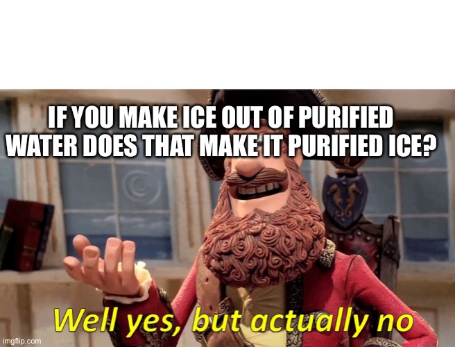 Well Yes, But Actually No | IF YOU MAKE ICE OUT OF PURIFIED WATER DOES THAT MAKE IT PURIFIED ICE? | image tagged in memes,well yes but actually no | made w/ Imgflip meme maker