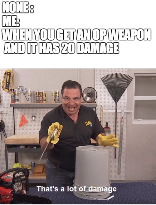 Op weapon be like | NONE :
ME:
WHEN YOU GET AN OP WEAPON
 AND IT HAS 20 DAMAGE | image tagged in thats a lot of damage | made w/ Imgflip meme maker