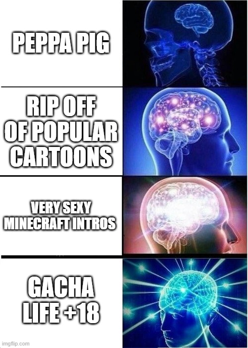 kids content on yt | PEPPA PIG; RIP OFF OF POPULAR CARTOONS; VERY SEXY MINECRAFT INTROS; GACHA LIFE +18 | image tagged in memes,expanding brain | made w/ Imgflip meme maker