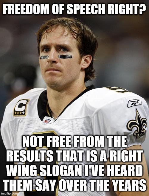 Drew Brees | FREEDOM OF SPEECH RIGHT? NOT FREE FROM THE RESULTS THAT IS A RIGHT WING SLOGAN I'VE HEARD THEM SAY OVER THE YEARS | image tagged in drew brees | made w/ Imgflip meme maker