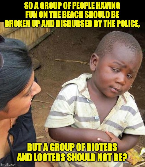 Makes no sense | SO A GROUP OF PEOPLE HAVING FUN ON THE BEACH SHOULD BE BROKEN UP AND DISBURSED BY THE POLICE, BUT A GROUP OF RIOTERS AND LOOTERS SHOULD NOT BE? | image tagged in memes,third world skeptical kid | made w/ Imgflip meme maker