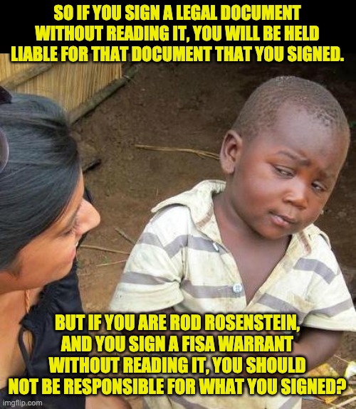 Double standards | SO IF YOU SIGN A LEGAL DOCUMENT WITHOUT READING IT, YOU WILL BE HELD LIABLE FOR THAT DOCUMENT THAT YOU SIGNED. BUT IF YOU ARE ROD ROSENSTEIN, AND YOU SIGN A FISA WARRANT WITHOUT READING IT, YOU SHOULD NOT BE RESPONSIBLE FOR WHAT YOU SIGNED? | image tagged in memes,third world skeptical kid | made w/ Imgflip meme maker