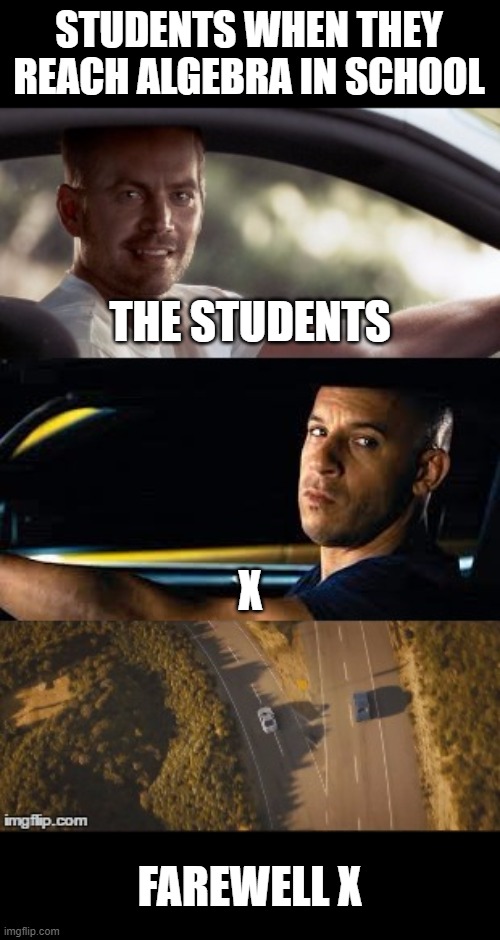 fast and furious 7 final scene | STUDENTS WHEN THEY REACH ALGEBRA IN SCHOOL; THE STUDENTS; X; FAREWELL X | image tagged in fast and furious 7 final scene | made w/ Imgflip meme maker