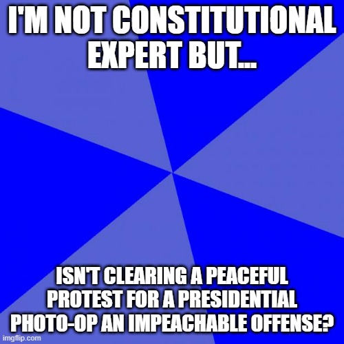 Blank Blue Background | I'M NOT CONSTITUTIONAL EXPERT BUT... ISN'T CLEARING A PEACEFUL PROTEST FOR A PRESIDENTIAL PHOTO-OP AN IMPEACHABLE OFFENSE? | image tagged in memes,blank blue background | made w/ Imgflip meme maker