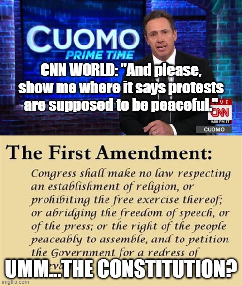 Are they really this dumb? Or are they just this evil? | CNN WORLD: "And please, show me where it says protests are supposed to be peaceful."; UMM...THE CONSTITUTION? | image tagged in cnn,chris cuomo,riots,fake news | made w/ Imgflip meme maker