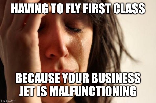 First World Problems | HAVING TO FLY FIRST CLASS; BECAUSE YOUR BUSINESS JET IS MALFUNCTIONING | image tagged in memes,first world problems,business,airplane,flight,flight attendant | made w/ Imgflip meme maker