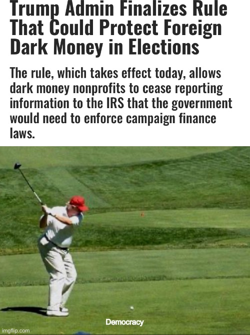 Never let a good crisis go to waste | Democracy | image tagged in donald trump,trump golfing,money,democracy | made w/ Imgflip meme maker