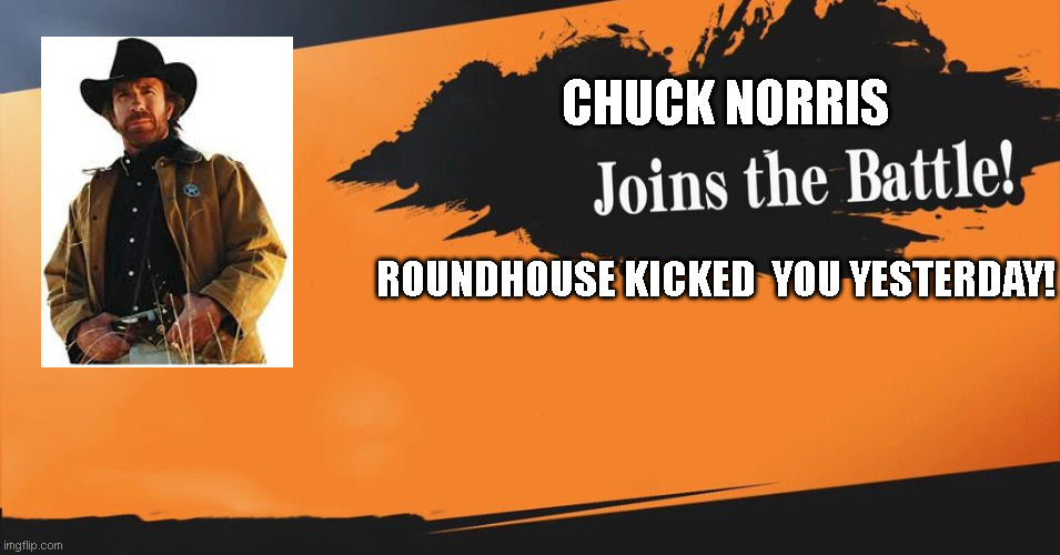 chuck norris joins the battle!! | CHUCK NORRIS; ROUNDHOUSE KICKED  YOU YESTERDAY! | image tagged in smash bros,chuck norris | made w/ Imgflip meme maker