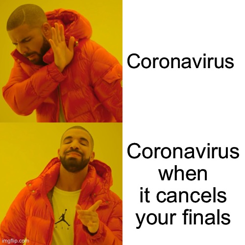 Drake Hotline Bling | Coronavirus; Coronavirus when it cancels your finals | image tagged in memes,drake hotline bling | made w/ Imgflip meme maker