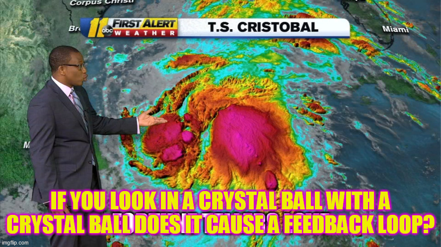 Cristobal | IF YOU LOOK IN A CRYSTAL BALL WITH A CRYSTAL BALL DOES IT CAUSE A FEEDBACK LOOP? | image tagged in fortune teller,cristobal,feedback loop | made w/ Imgflip meme maker