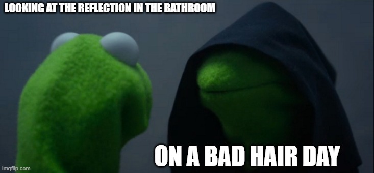 Evil Kermit Meme | LOOKING AT THE REFLECTION IN THE BATHROOM; ON A BAD HAIR DAY | image tagged in memes,evil kermit | made w/ Imgflip meme maker