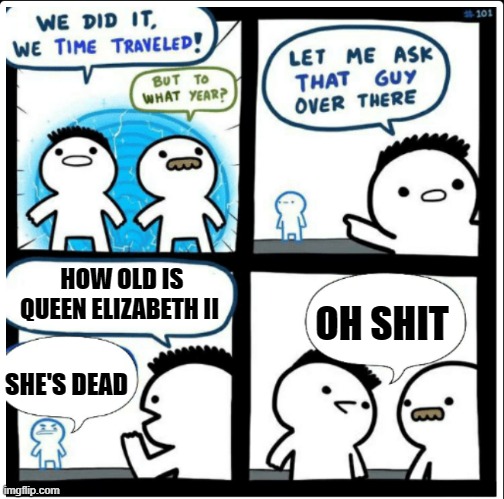 Time travel | HOW OLD IS QUEEN ELIZABETH II; OH SHIT; SHE'S DEAD | image tagged in time travel | made w/ Imgflip meme maker