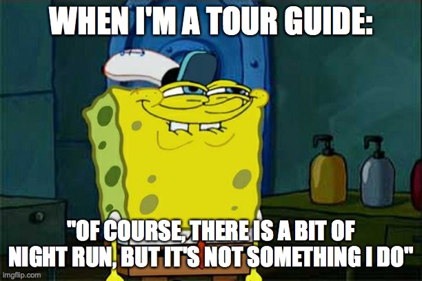 Don't You Squidward | WHEN I'M A TOUR GUIDE:; "OF COURSE, THERE IS A BIT OF NIGHT RUN, BUT IT'S NOT SOMETHING I DO" | image tagged in memes,don't you squidward | made w/ Imgflip meme maker