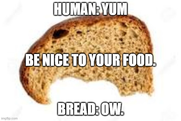 i am bread | HUMAN: YUM; BE NICE TO YOUR FOOD. BREAD: OW. | image tagged in yummy,uh | made w/ Imgflip meme maker