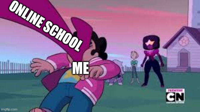 no why school | ONLINE SCHOOL; ME | image tagged in spinel kicks stevens face | made w/ Imgflip meme maker