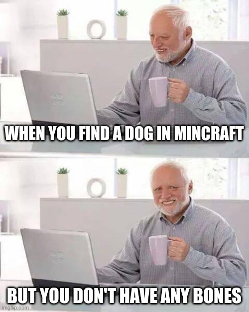 Hide the Pain Harold | WHEN YOU FIND A DOG IN MINCRAFT; BUT YOU DON'T HAVE ANY BONES | image tagged in memes,hide the pain harold | made w/ Imgflip meme maker