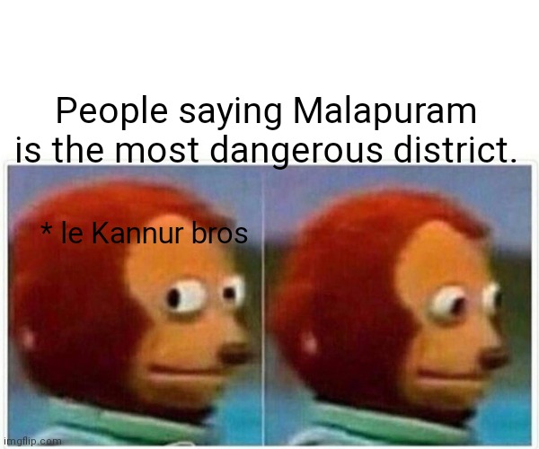 Monkey Puppet Meme | People saying Malapuram is the most dangerous district. * le Kannur bros | image tagged in memes,monkey puppet | made w/ Imgflip meme maker