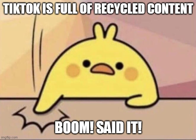 tiktok | TIKTOK IS FULL OF RECYCLED CONTENT; BOOM! SAID IT! | image tagged in it had to be said,tiktok | made w/ Imgflip meme maker
