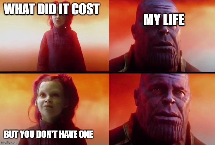 thanos what did it cost | WHAT DID IT COST; MY LIFE; BUT YOU DON'T HAVE ONE | image tagged in thanos what did it cost | made w/ Imgflip meme maker