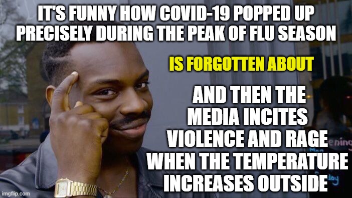 Manipulative, Race-baiting media is playing you for a sucker | IT'S FUNNY HOW COVID-19 POPPED UP PRECISELY DURING THE PEAK OF FLU SEASON; AND THEN THE MEDIA INCITES VIOLENCE AND RAGE WHEN THE TEMPERATURE INCREASES OUTSIDE; IS FORGOTTEN ABOUT | image tagged in roll safe think about it,race-bating media,covid-19,caronavirus,riots,protesters | made w/ Imgflip meme maker