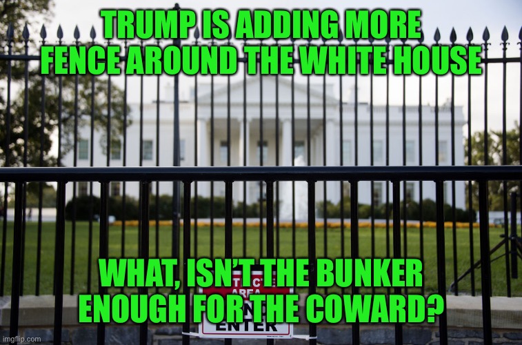 And the oranges here think he’s tough? | TRUMP IS ADDING MORE FENCE AROUND THE WHITE HOUSE; WHAT, ISN’T THE BUNKER ENOUGH FOR THE COWARD? | image tagged in white house fence | made w/ Imgflip meme maker
