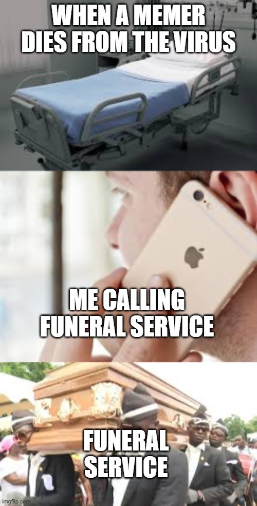 Memer's Death | WHEN A MEMER DIES FROM THE VIRUS; ME CALLING FUNERAL SERVICE; FUNERAL SERVICE | image tagged in memes,coffin dance | made w/ Imgflip meme maker