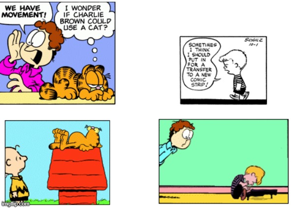 Exchange Program | image tagged in peanuts,garfield,crossover,comics/cartoons,too funny | made w/ Imgflip meme maker