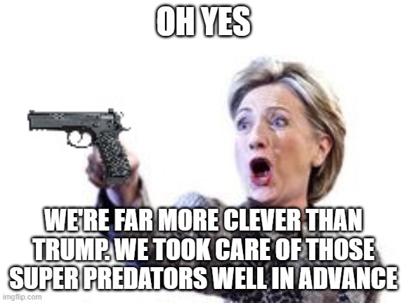 Hillary Clinton Pointing Gun | OH YES WE'RE FAR MORE CLEVER THAN TRUMP. WE TOOK CARE OF THOSE SUPER PREDATORS WELL IN ADVANCE | image tagged in hillary clinton pointing gun | made w/ Imgflip meme maker