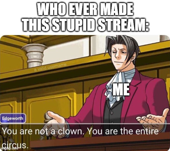 You are not a clown. You are the entire circus. | WHO EVER MADE THIS STUPID STREAM:; ME | image tagged in you are not a clown you are the entire circus | made w/ Imgflip meme maker