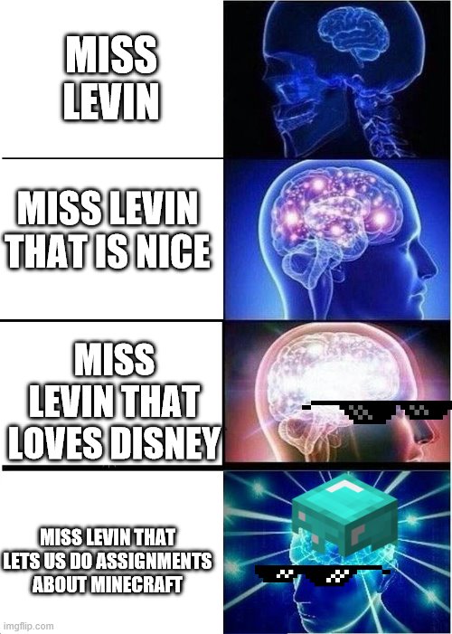 types of miss levin | MISS LEVIN; MISS LEVIN THAT IS NICE; MISS LEVIN THAT LOVES DISNEY; MISS LEVIN THAT LETS US DO ASSIGNMENTS ABOUT MINECRAFT | image tagged in memes,expanding brain | made w/ Imgflip meme maker