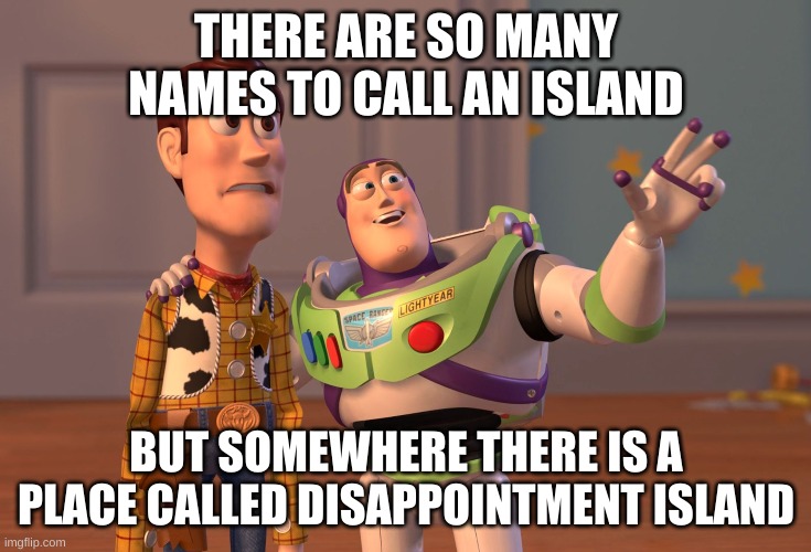 X, X Everywhere | THERE ARE SO MANY NAMES TO CALL AN ISLAND; BUT SOMEWHERE THERE IS A PLACE CALLED DISAPPOINTMENT ISLAND | image tagged in memes,x x everywhere | made w/ Imgflip meme maker