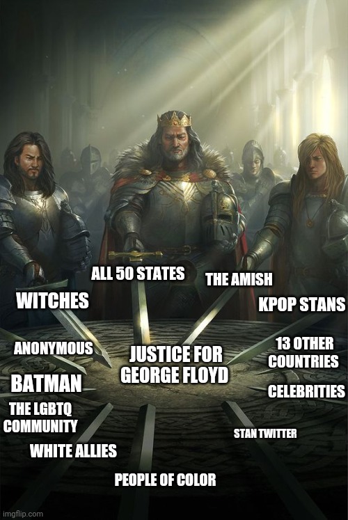 Knights of the Round Table | THE AMISH; ALL 50 STATES; WITCHES; KPOP STANS; ANONYMOUS; 13 OTHER COUNTRIES; JUSTICE FOR GEORGE FLOYD; BATMAN; CELEBRITIES; THE LGBTQ COMMUNITY; STAN TWITTER; WHITE ALLIES; PEOPLE OF COLOR | image tagged in knights of the round table | made w/ Imgflip meme maker