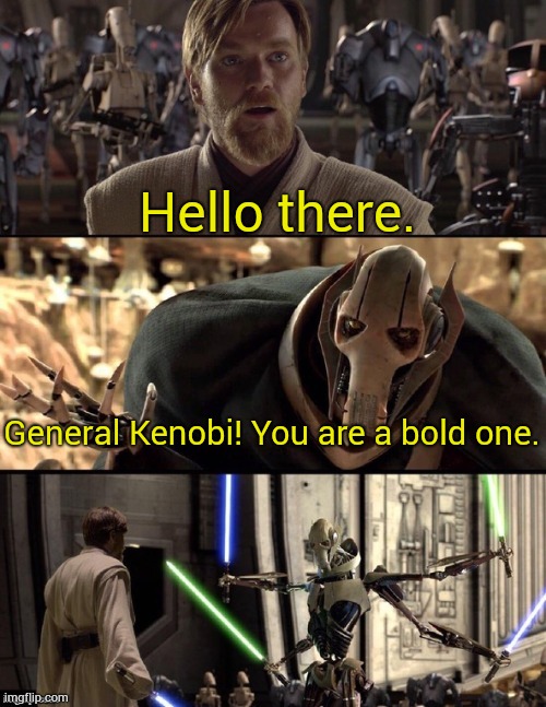 "Hello there" antimeme | Hello there. General Kenobi! You are a bold one. | image tagged in star wars hello there boxes fixed | made w/ Imgflip meme maker