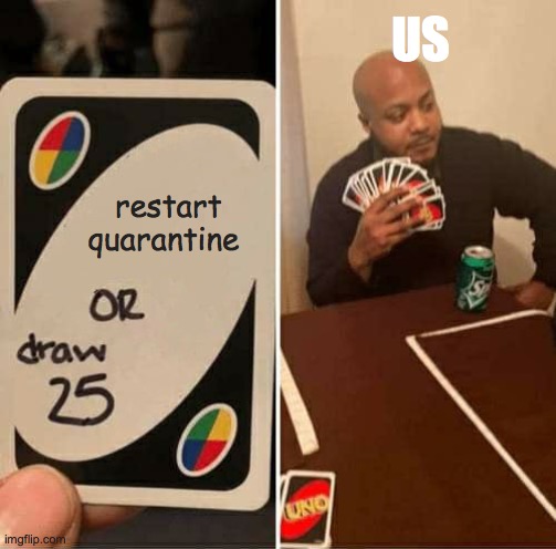 UNO Draw 25 Cards | US; restart quarantine | image tagged in memes,uno draw 25 cards | made w/ Imgflip meme maker
