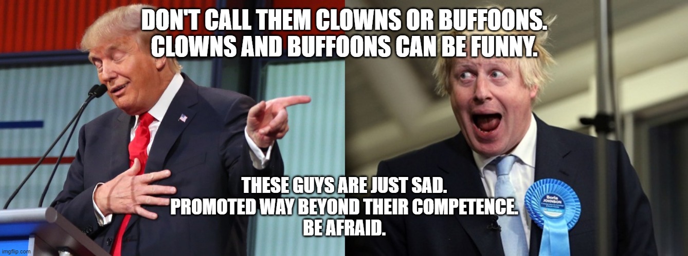 DON'T CALL THEM CLOWNS OR BUFFOONS.
CLOWNS AND BUFFOONS CAN BE FUNNY. THESE GUYS ARE JUST SAD.
PROMOTED WAY BEYOND THEIR COMPETENCE.
BE AFRAID. | image tagged in trump pointing away,boris johnson | made w/ Imgflip meme maker