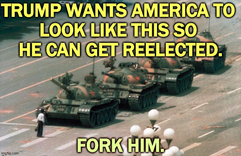 And that *sshole Tom Cotton, too. | TRUMP WANTS AMERICA TO 
LOOK LIKE THIS SO 
HE CAN GET REELECTED. FORK HIM. | image tagged in tienanmen square tank guy,trump,fascist,tyranny,dictator,asshole | made w/ Imgflip meme maker