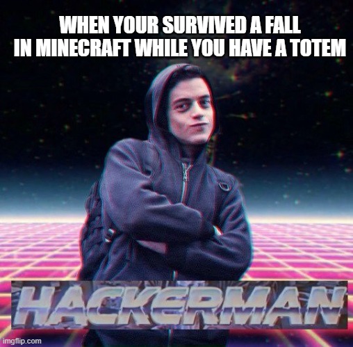 Totems r best life-saviors | WHEN YOUR SURVIVED A FALL IN MINECRAFT WHILE YOU HAVE A TOTEM | image tagged in hackerman | made w/ Imgflip meme maker