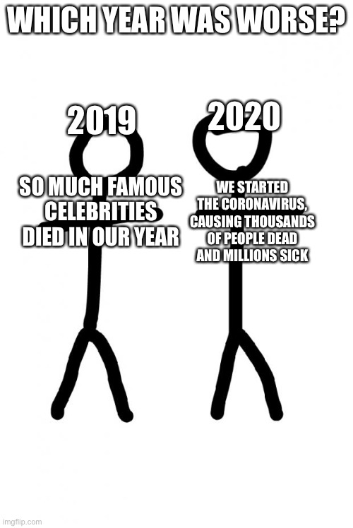 Which year was worse? Featuring stick figures | WHICH YEAR WAS WORSE? 2019; 2020; SO MUCH FAMOUS CELEBRITIES DIED IN OUR YEAR; WE STARTED THE CORONAVIRUS, CAUSING THOUSANDS OF PEOPLE DEAD AND MILLIONS SICK | image tagged in stick figure,memes,2019,2020 | made w/ Imgflip meme maker